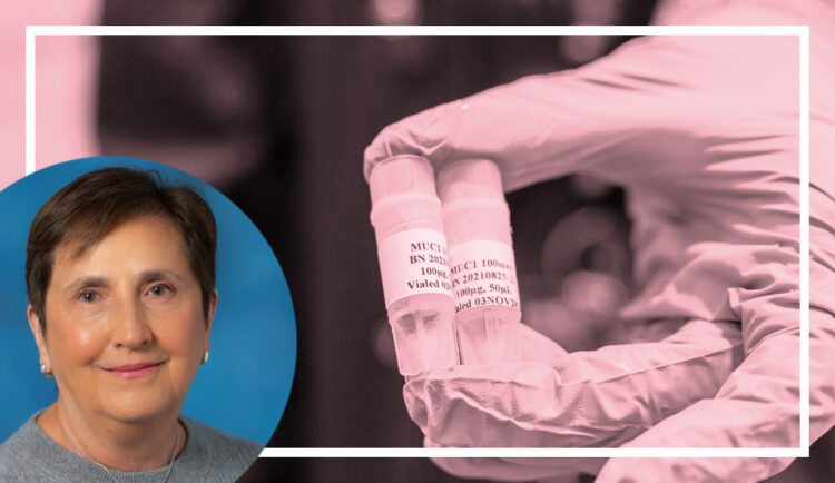 a graphic that includes dr. olivera finn's headshot and a photo of the muc1 vaccine for breast cancer that she developed and is testing in clinical trials