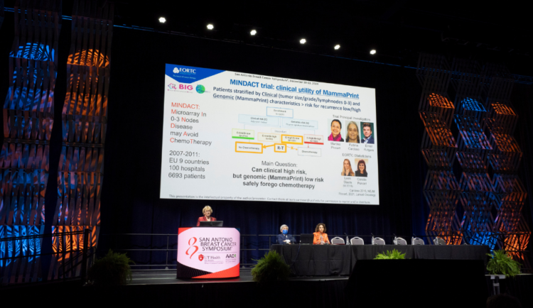 BCRF investigator Dr. Laura J. van 't Veer speaks on stage at SABCS 2024