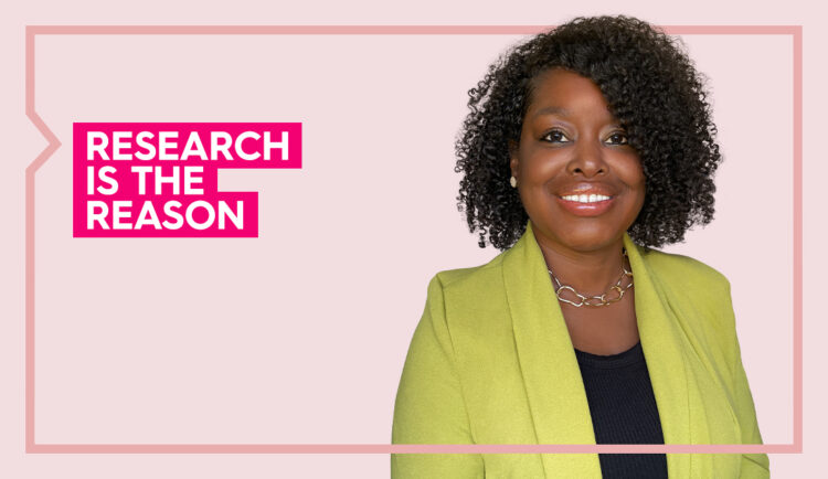 a portrait of shonte, smiling at the camera against a light pink background