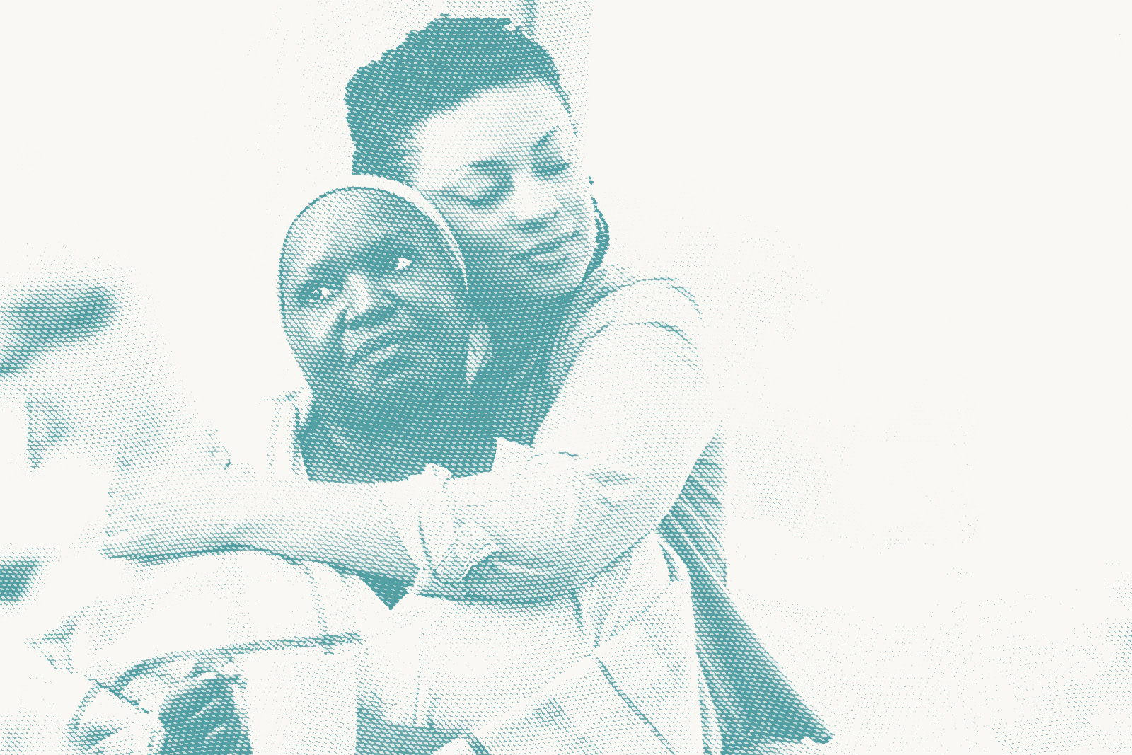 A younger Black woman hugs her older relative. The senior woman stares off into the distance while holding a coffee cup.